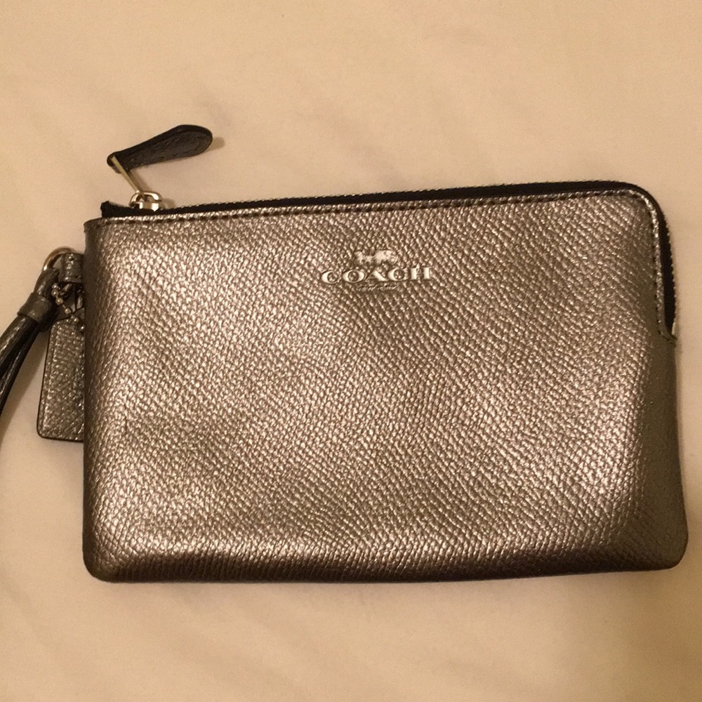 Metallic mini coach wristlet